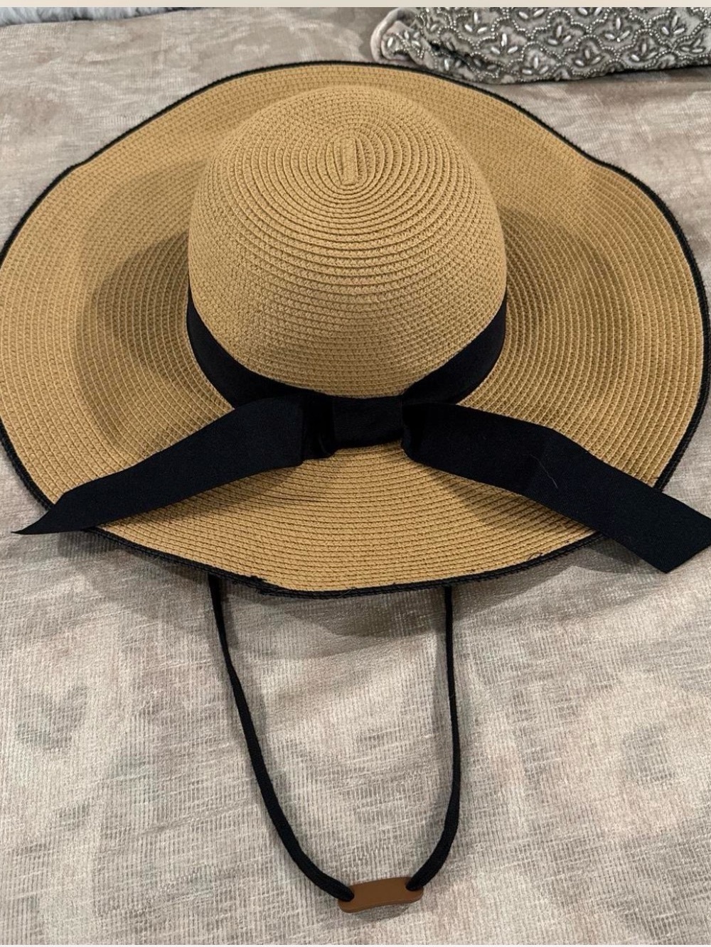Furtalk Wide Brim Tan Straw Sun Hat with Black Ribbon